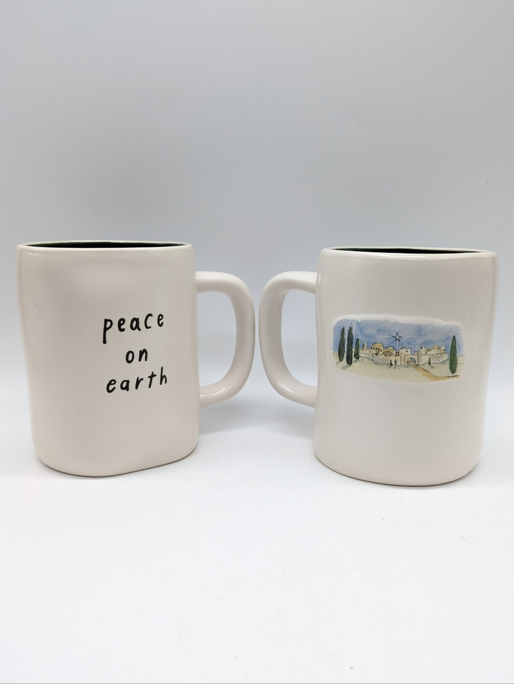 Rae Dunn Peace On Earth Jerusalem Ceramic Holiday Christmas Coffee Mugs Set Of 2